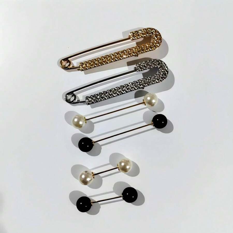 6件套女士束腰简约仿珍珠水钻胸针别针套装 - 彩色 - 查看 1