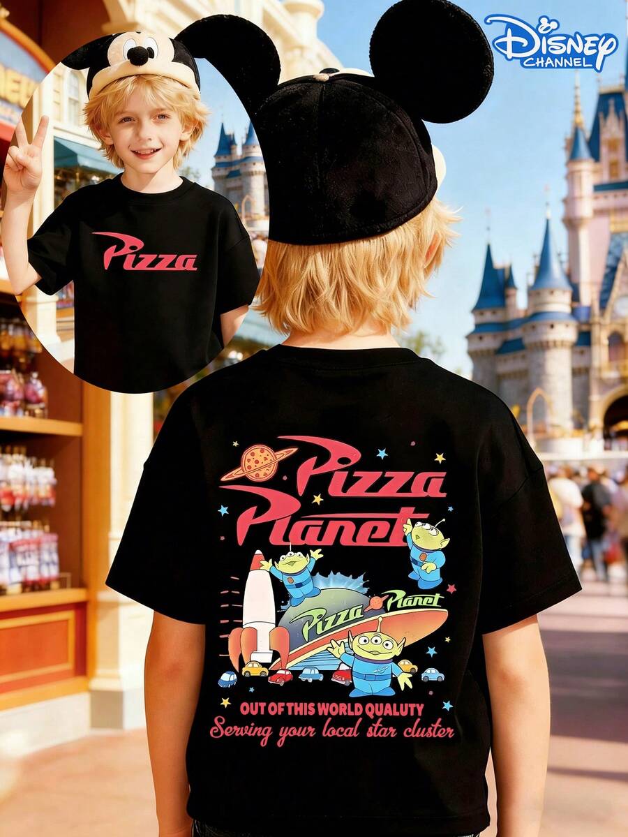Disney Toy Story Pizza Planet Aliens Kids T-Shirt, Retro Space Pizza Graphic With "Out Of This World Quality" Print, Casual Crew Neck Short Sleeve Tee, Unisex Boys Girls Fashion Top, Ideal For Disney Fans & Daily Wear - 黑色 - 查看 1