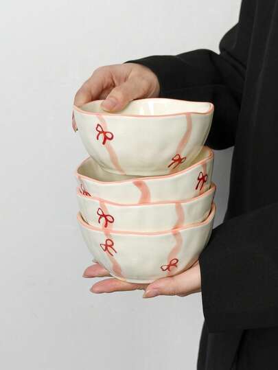 1pc/2pcs/4pcs Ins Style Ribbon Bow Ceramic Bowl, Household Rice Bowl, Breakfast Yogurt Oatmeal Bowl, Fruit Salad Bowl, Afternoon Tea Dessert Ice Cream Bowl, Party Tableware