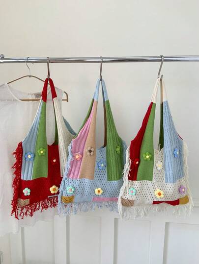 Floral Decor Crochet Bag, Contrast Color Tassel Women Shoulder Bag