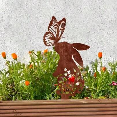 1个亚克力兔子蝴蝶花园插牌，阳台草坪艺术标记牌，适用于魔法花园、露台和庭院，自然灵感户外装饰
