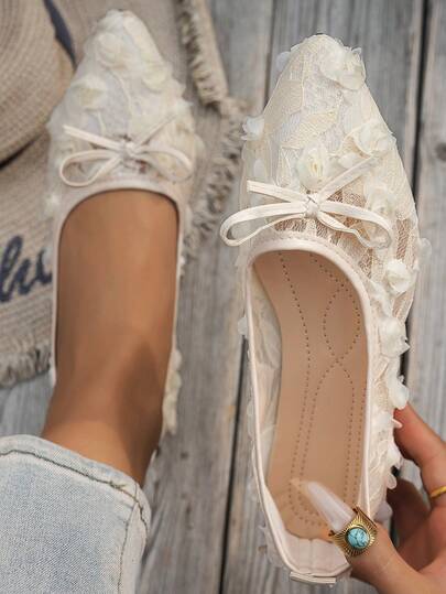 1 Pair Women's Flat Pointed Toe Slip-On Shoes, Fashion Breathable Casual Mesh Fabric Bow Decor Loafers