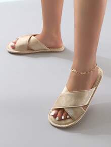 New Chinese Style Chinese Embroidered Satin Criss-Cross Comfortable Elegant Ladies' House Slippers, Anti-Slip,Bride Slippers - Gold - View 4
