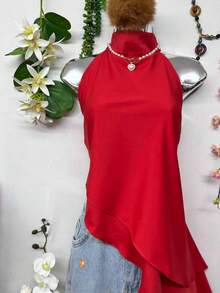 T124 White Sleeveless Turtleneck Blouse, Elegant Asymmetrical Ruffle Design - Red - View 3