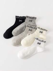 5 paires de chaussettes de cheville respirantes pour femmes, avec volants et nœuds, rayures noires, blanches et grises, pour le printemps/été - Multicolore - Voir 1