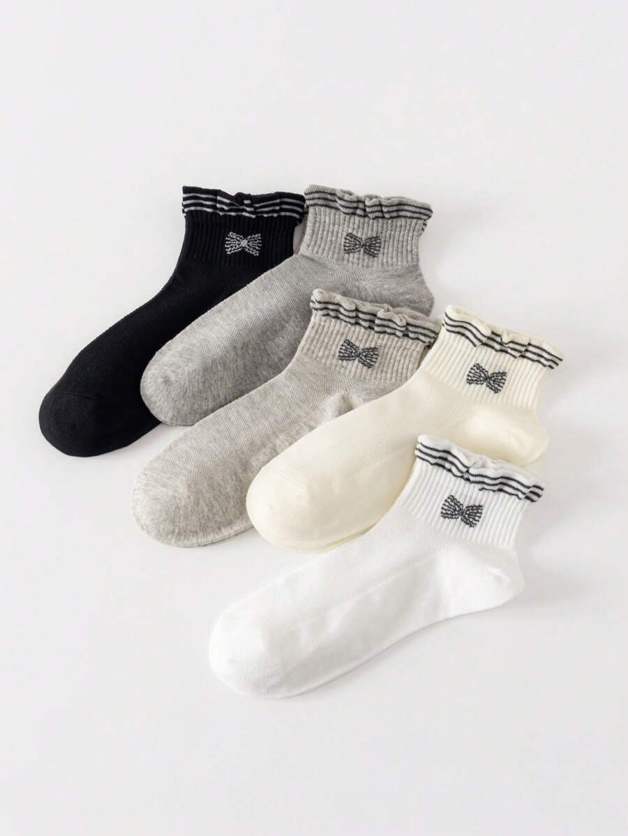 5 paires de chaussettes de cheville respirantes pour femmes, avec volants et nœuds, rayures noires, blanches et grises, pour le printemps/été - Multicolore - Voir 1