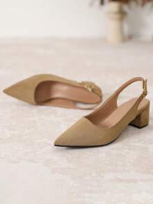 Women's Spring/Autumn New Rhinestone Decor Backless Low Heel Outdoor Fashion Shoes, Versatile Comfortable Suede Pointed Toe High Heels,Chunky Heels - Khaki - View 6