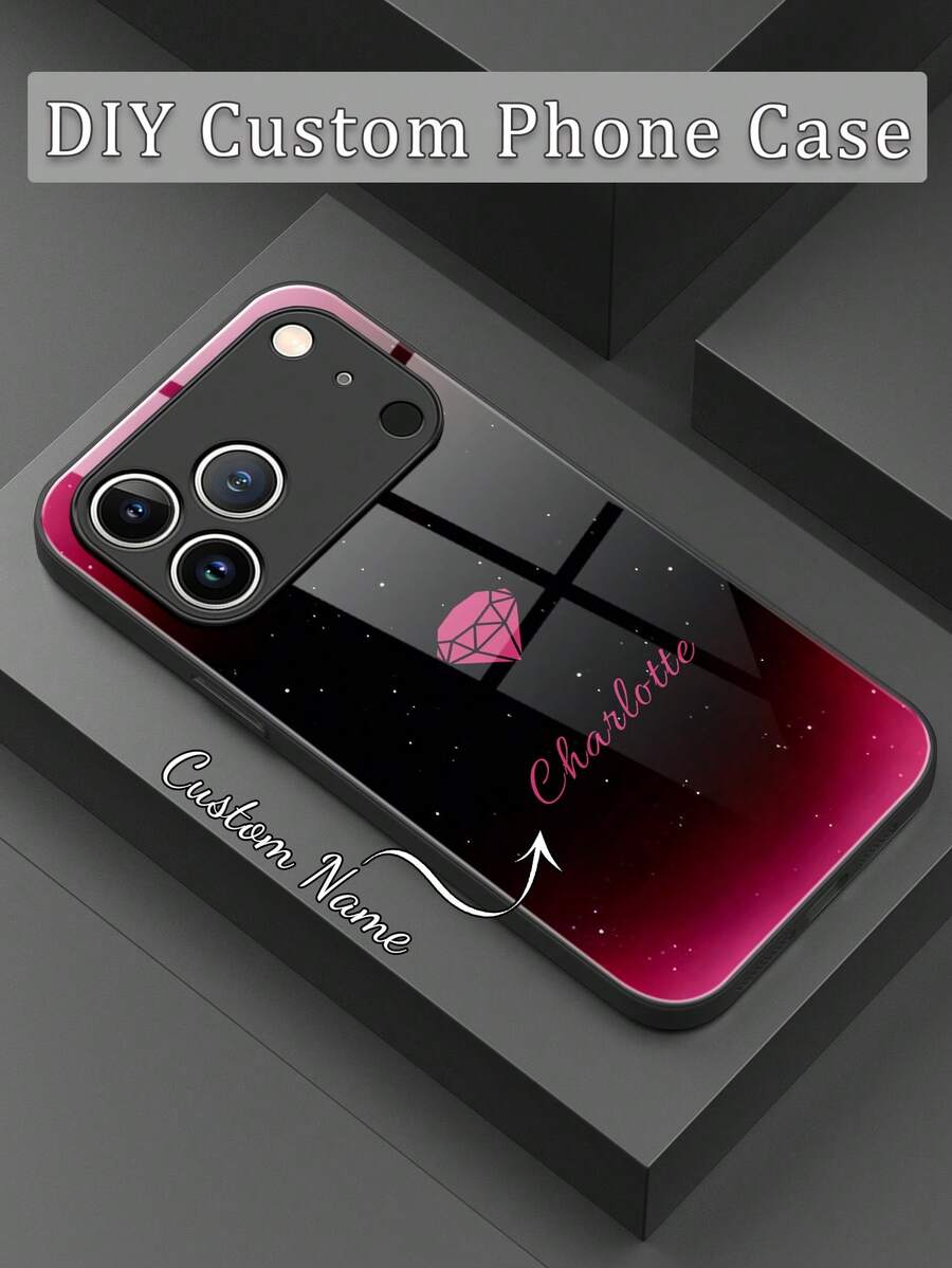 1pc Customized Name, Black-Pink Gradient Fashion High-End Business Minimalist Diamond Star Pattern Phone Case, Made Of Tempered Glass Back + TPU Soft Edge, Shock-Resistant And Scratch-Resistant, Compatible With IPhone 17 Pro Max/16 Pro Max/15 Pro/14 Plus/13 Pro/12 Pro Max/11/Xs Max/8/7/6 Plus And S26 Ultra/S25 Plus/S24 Series, / Phones - Black - View 1