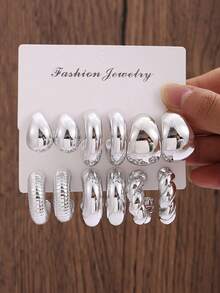 18-6pcs Elegant CCB Water Drop, Asymmetrical Ring Earrings, Twisted, Geometric Design Resin Earrings Set, Fashionable Daily Versatile Jewelry - Silver - View 4