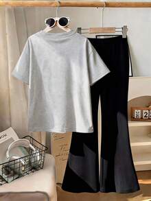 Conjunto de 2 piezas de camiseta de manga corta con estampado de letra A y pantalones acampanados para niña preadolescente, suave y lavable a máquina, para primavera/verano - Gris - Ver 4