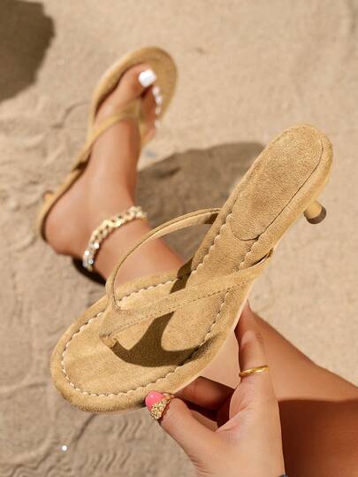 Women's Summer New Apricot Faux Suede Thong Sandals, Luxury Fashion Versatile Casual Outdoor Beach Resort Retro Chic Party French Minimalist Design European And American British Style Stiletto High Heel Sandals