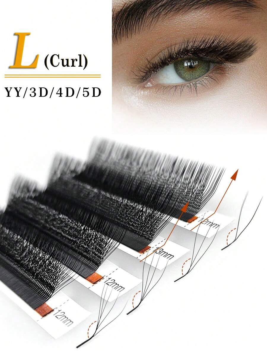 CoMango 12 Pairs L-Curl 3D 4D 5D Pre-Fanned Lash Extension Set, W-Curl 0.07mm Faux Mink Natural Soft Flared Curly Thick Lashes
