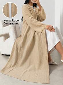 Áo khoác cardigan dài tay mềm mại màu trơn dành cho nữ, trang trí bằng dây gai dầu, kiểu Abaya thanh lịch, kimono đi biển mùa hè, trang phục lễ hội, trang phục đi nghỉ mát mùa xuân. - Màu Khaki - Xem 1