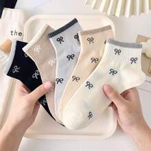 5 pares de calcetines invisibles de tobillo con rayas y moños lindos, transpirables, para mujer, adecuados para uso diario y casual, para todas las estaciones - Multicolor - Ver 2