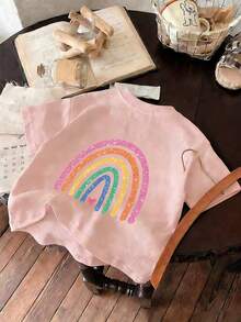 Young Girl Casual Funny Print Round Neck Short Sleeve T-Shirt, Summer Top - Pink - View 5