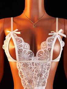 AESKEIA 女士性感开裆透明蕾丝内衣，连体睡衣，外出必备 - 白色 - 查看 5