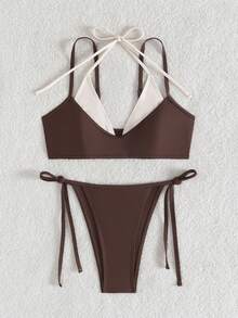Bộ bikini gợi cảm buộc dây cổ, phối màu, thích hợp cho nữ, đi biển mùa hè. - Màu be + Nâu - Xem 2