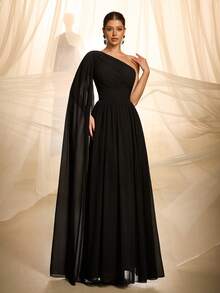 VIPGIRL Elegant & Luxurious Black Asymmetrical Evening Gown - Flowing Chiffon Drape & Ruched Bust | Must-Have For Gala Dinners, Wedding Guest Receptions, Red Carpet Events & Luxury Anniversary Celebrations - Black - View 4