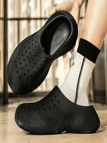 夏季新款厚底透气纹理套脚穆勒鞋，男女通用款 - 黑色 - 查看 3