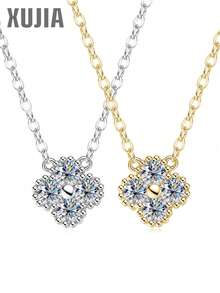 XUJIA 1条925纯银莫桑石四叶草项链，女士款，3毫米（0.10克拉*4颗）圆形莫桑石，时尚项链，婚礼及节日珠宝礼品 - PMO-223 - 查看 2