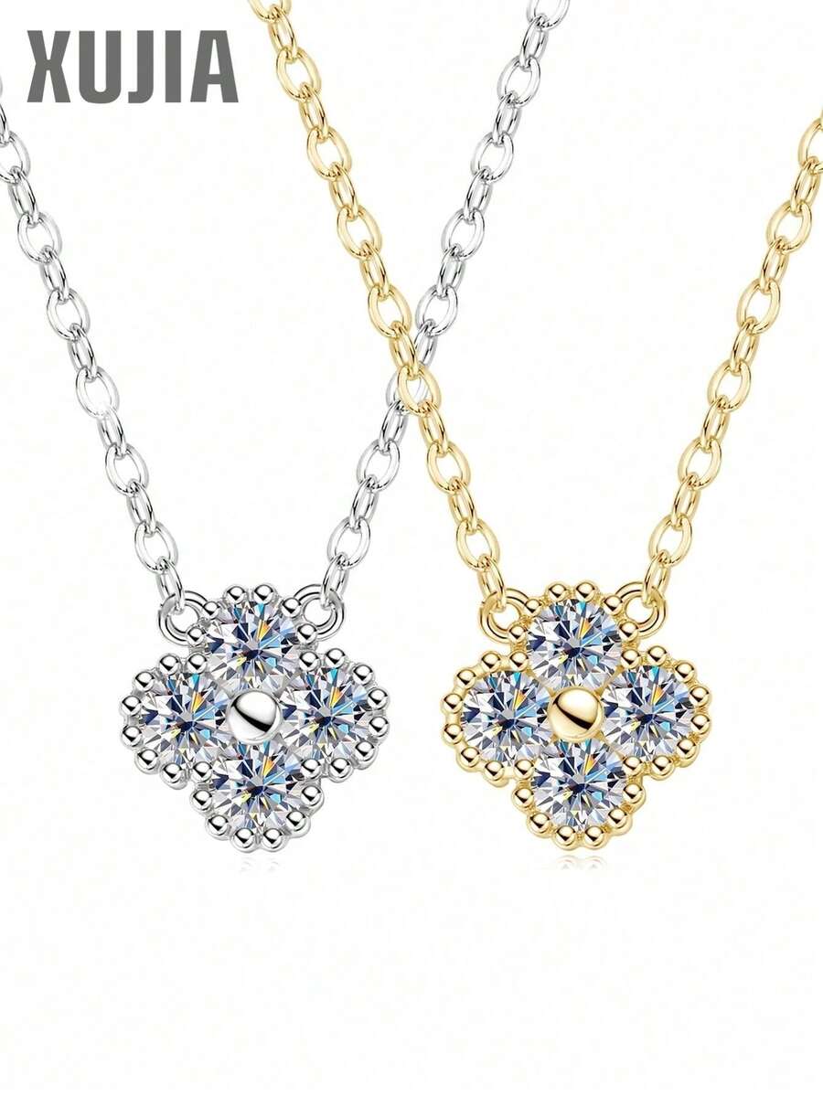 XUJIA 1条925纯银莫桑石四叶草项链，女士款，3毫米（0.10克拉*4颗）圆形莫桑石，时尚项链，婚礼及节日珠宝礼品