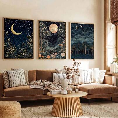 3pcs/Set Decorative Painting, Retro Poster, William Morris Art Print, Moonlit Starry Forest Oil Painting Cloth Painting, Living Room Decor,Home Decor,Room Decor,Wall Decor,Bedroom Decor, Aesthetic Design, Gift Collection, Housewarming Gift, Frameless Mounting