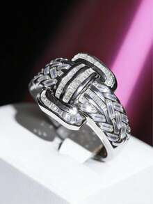 Nhẫn đôi hình vuông sang trọng, đính đá Cubic Zirconia tổng hợp, quà tặng trang sức đính hôn và cưới. - trắng - Xem 2