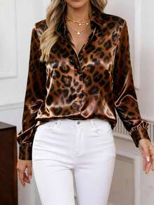 女士优雅休闲纽扣缎面豹纹衬衫，适合日常休闲外出、通勤、办公穿着，春夏皆宜 - 彩色 - 查看 3
