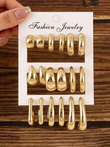 18pcs Fashionable Gold Metal Teardrop & Round Mixed Shape Earring Set, Lightweight CCB Material, Suitable For Daily Wear - Gold - View 1