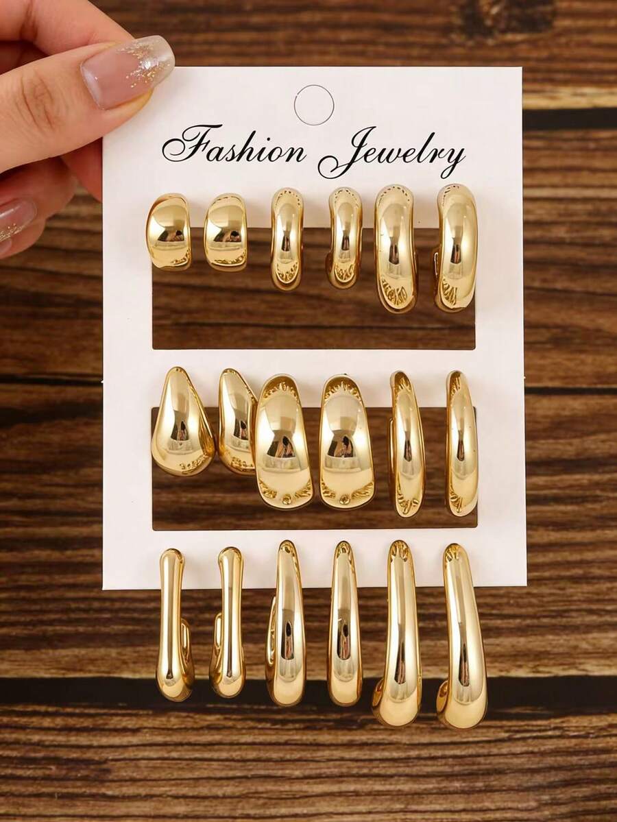 18pcs Fashionable Gold Metal Teardrop & Round Mixed Shape Earring Set, Lightweight CCB Material, Suitable For Daily Wear - Gold - View 1