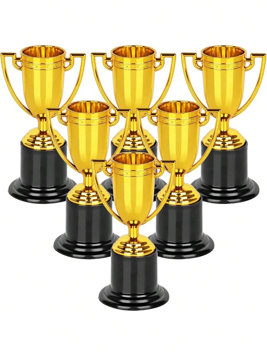 6pcs Mini Gold-Plated Plastic Trophy, Mini Trophy, Gold Trophy, Plastic Trophy, Trophy, Award Trophy, Elegant Gold Plastic Trophy Set With Black Base