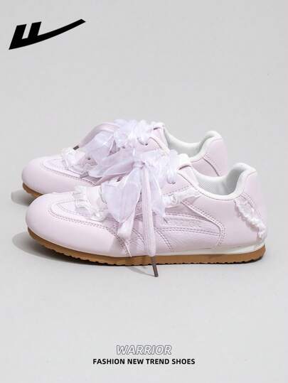  1 Pair WARRIOR Women's Thick Sole Lace-Up Soft Bottom Casual Shoes, Low-Top Outdoor Flat Shoes, Round Toe Low Heel Non-Slip Solid Color Elegant Soft Bottom Hiking Shoes, Suitable For Students, Graduation Photos, Flat Leather Face Skateboard Shoes