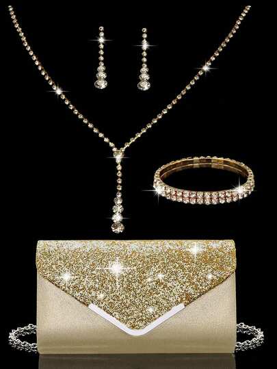 Women's Rhinestone Evening Clutch, New Ladies' Party Bag With Sequins, Sparkling Handbag, With Sparkling Rhinestone Jewelry Three Pieces Set, Suitable For Parties, Weddings, Proms, Dinners/Banquets, Bridal Wear, Formal Attire, Prom Dresses, Birthday Dresses
