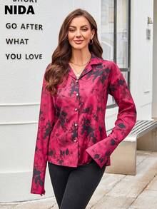 Camisa con botones y estampado de hojas para mujer, blusa de manga larga, elegante blusa para mujer, color rojo, adecuada para verano/primavera - Rosa Fucsia - Ver 5