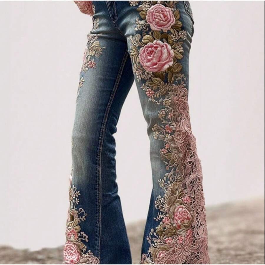 Digital Print Women's Trousers With Colorful Floral Pattern Imitation Jeans - ADFGRVV4 - 查看 1
