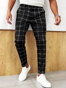 Men's Plaid Casual Pants, Slim Fit 9 Minute Pants, Fashion Casual, Outdoor Commute, Daily Home Wear - Black - View 1