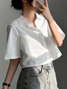 女士不对称交叉纽扣短袖休闲衬衫，简约风格，百搭日常穿着 - 白色 - 查看 3
