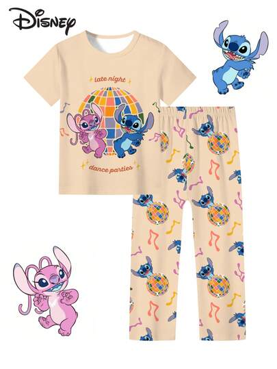 Disney 1 Set Lindo Diseño de Punto, Pijama de Cuello Redondo de Manga Corta Fácil de Usar, Manga Corta y Pantalones, Adecuado para Niñas Jóvenes, Estampado Vibrante en Todo el Diseño