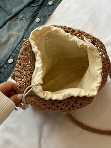 新款休闲手提包，手工草编大容量沙滩包，镂空设计 - 卡其色 - 查看 7