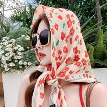 Pañuelo de seda cuadrado grande con pequeñas flores idílicas de 90 * 90 cm, pañuelo triangular para mujer para primavera, verano y otoño, chal parasol coreano - Rojo - Ver 8
