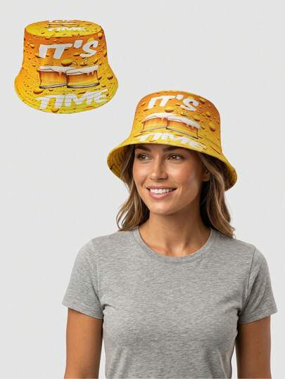 1 chiếc mũ tai bèo in họa tiết hai mặt, kiểu dáng châu Âu và Mỹ, vành rộng, chống nắng, họa tiết bia và hoạt hình.