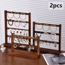 2pcs Multi-Layer Walnut Wood With Iron Hook Jewelry Stand, Elegant Wooden Multifunctional Display Rack For Bracelets, Earrings, Necklaces, Minimalist And Easy To Assemble, Suitable As A Gift - 2 Pcs Walnut Wood - View 4