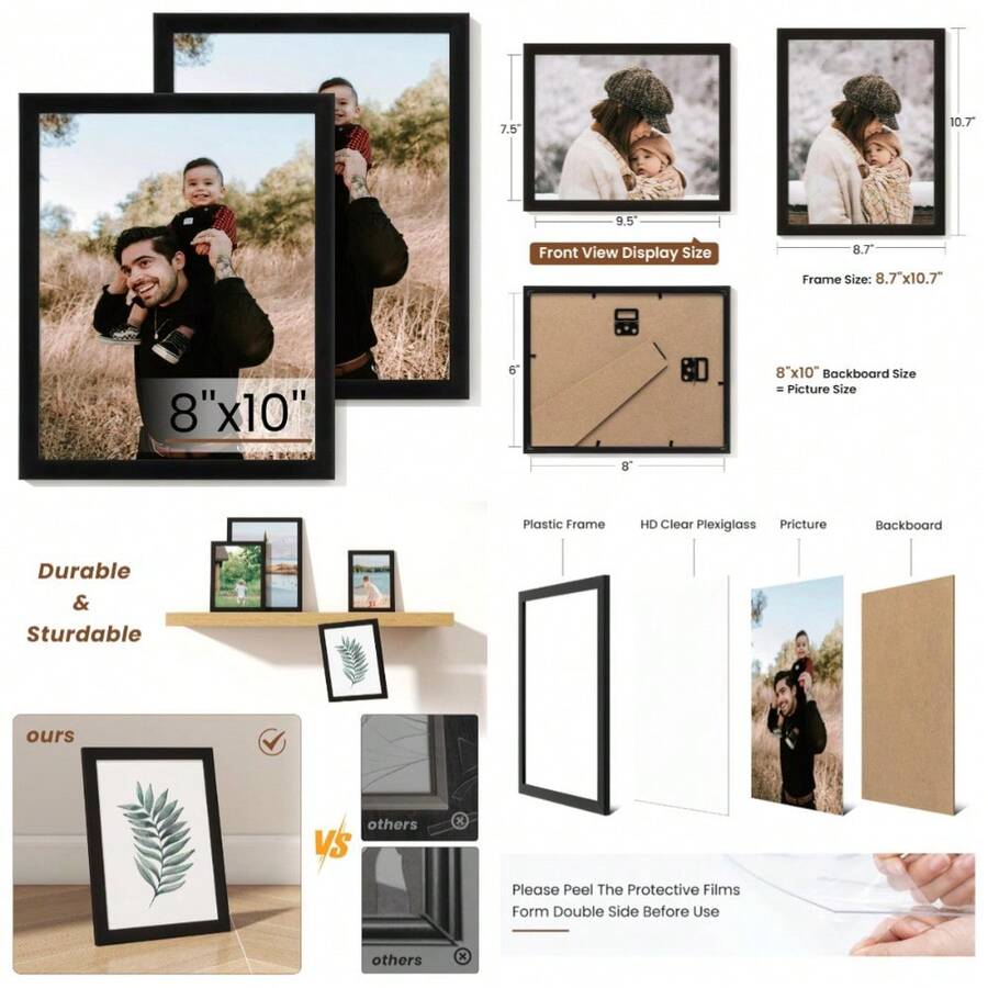 8x10 Picture Frame Set Of 2,Display Pictures 8"X10",Black Photo Frame With Shatter Resistant Plexiglass,Picture Frames 8x10 Tabletop And Wall Mount,Poster Frame For Display Certificate Document - 1 - View 1