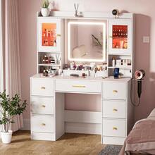 ✨Vanity, 7 Drawers White Vanity Desk With Mirror - Valentine's Gifts|Large Makeup Table Set With Cabinets And 3 Modes, 8 Storage Shelves With 2 Ultra-Clear Display Cabinets & 2 Ultra-Clear Dividers, 3 Storage Compartments, Top Shelf Included, Vanity Mirror With Desk Dressing Table For Bedroom, Includes Hairdryer Holder|Essential Makeup Vanity For School Club Performance Makeup Sessions|Perfect Addition To Makeup Routine For Shows,Gatherings And Festivals!|School Essentials|Hair Tools Organizer For Women|Enhanced Design|Suitable For Pet-Owning Households|Autumn & Winter Heartwarming Gift|Christmas & Halloween Gift|Newly Upgraded Thickened Edition|Thanksgiving Day|Celebration Gifts|NYE Party Gifts|Lunar New Year 2026|New Year's Eve|Home Essentials From You NEED|Made Me Buy It: Must-Haves To Stock Up On✨ - 白色 - 查看 12