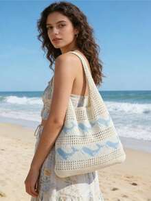 Women's Knitted Crochet Whale Pattern Casual Tote Bag, Mesh Beach Handbag - A - View 1