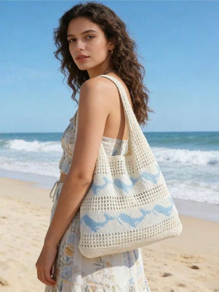 Women's Knitted Crochet Whale Pattern Casual Tote Bag, Mesh Beach Handbag - A - View 1