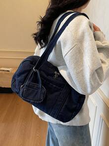 2个装休闲纯色大容量牛仔单肩包，带挂式钱包，时尚简约通勤腋下包，多功能手提包，完美契合牛仔女孩风格 - 藍色 - 查看 4