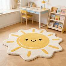 1pc Sunny Smiling Face Cartoon Scene Round Area Rug, The Unique Sun-Shaped Outline Enhances The Playful Atmosphere, The Smiling Face Pattern Conveys A Warm Feeling, The Short Plush Skin-Friendly Material Ensures Play, Coordinating With Colorful Toys And Natural Wood Furniture To Create A Lively Ambiance; Decorative Carpet, Bedroom Decor, Small Rug, Carpet, Home Decor, Living Room Rug - Multicolor - View 4