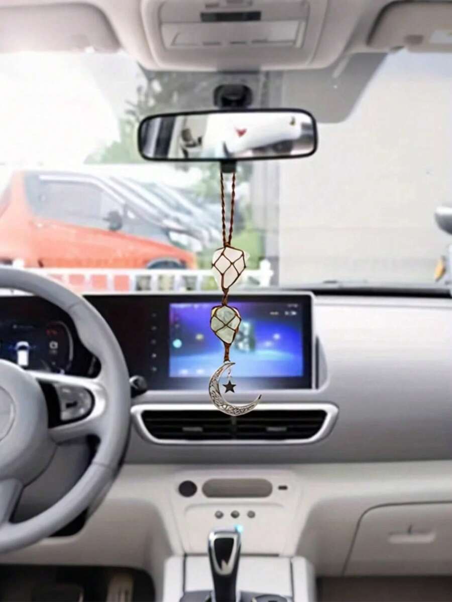 精美月星水晶汽车挂饰 - 天然宝石吊坠，适用于后视镜 - 波西米亚风格汽车内饰装饰，阳光下闪耀 - 独特的汽车、宿舍和卧室装饰艺术品 - A - 查看 1