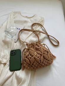 Handmade Woven Women's Bucket Bag, Fashion Versatile Drawstring Lock Closure Crossbody Bag For Ladies - Khaki - View 5